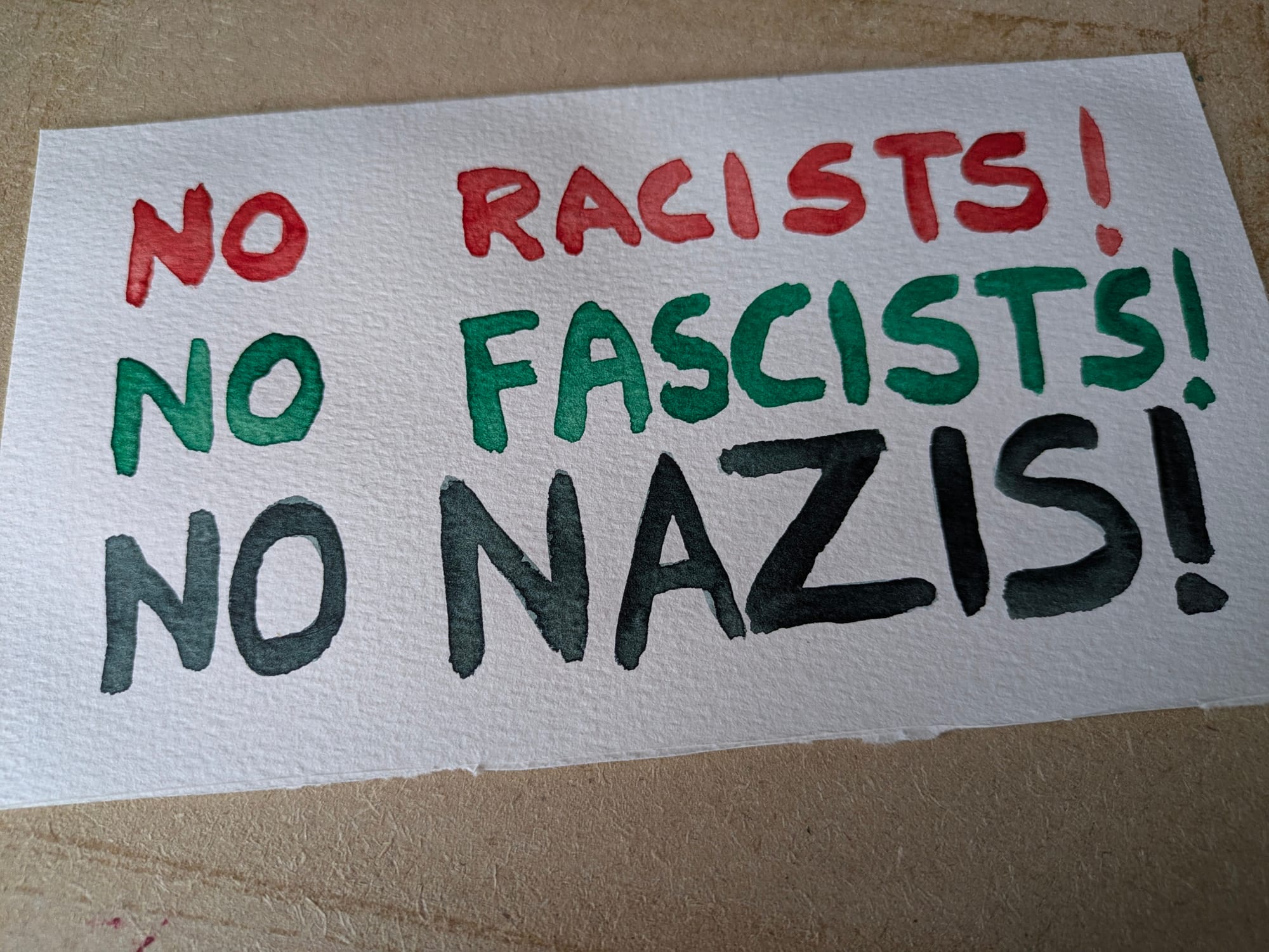 Banner with text: "No Racists! No Fascists! No Nazis!" in Red, Green, and Black respectively. 
