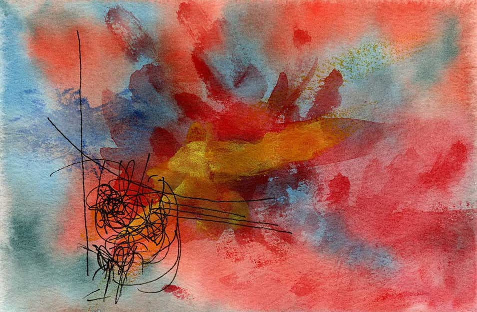 Abstract watercolour painting of the emotional turmoil of trauma, with angry blotches of colours in reds, blues and yellows and scribbles in black pen