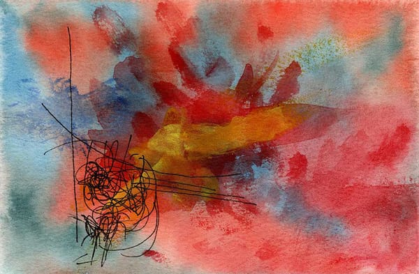 Abstract watercolour painting of the emotional turmoil of trauma, with angry blotches of colours in reds, blues and yellows and scribbles in black pen
